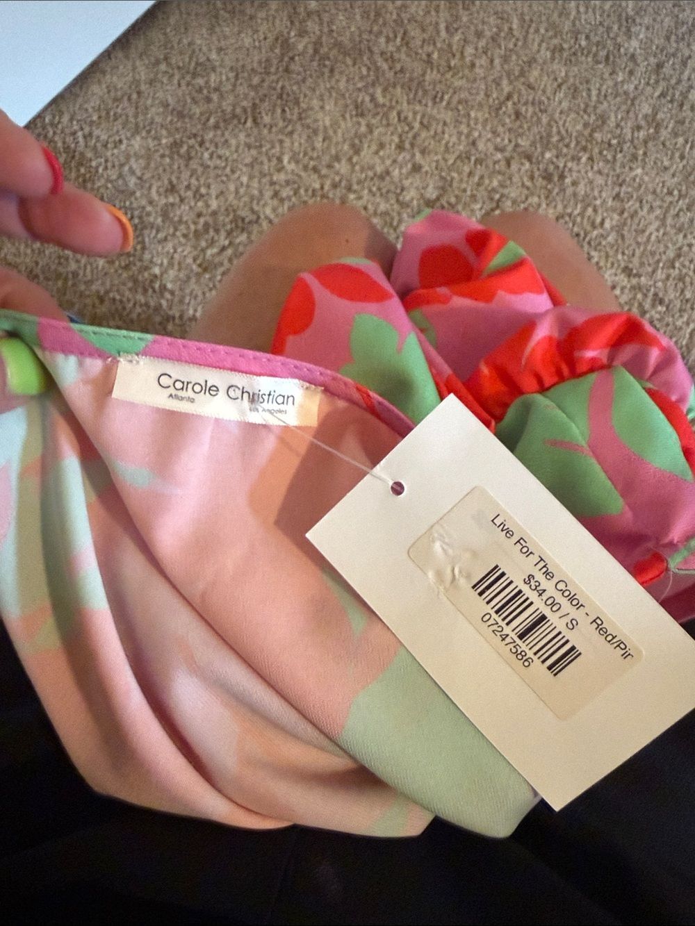 Carole Christian Pink Red Floral Puff Sleeve Babydoll Mini Dress V-Neck NWT - Picture 5 of 5